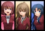  3girls aisaka_taiga blue_hair brown_hair kawashima_ami kushieda_minori long_hair multiple_girls red_hair short_hair toradora! trio 