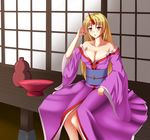  alcohol blonde_hair breasts cleavage cup gagagaking2 gourd highres horn hoshiguma_yuugi japanese_clothes kimono large_breasts lipstick long_hair makeup off_shoulder red_eyes sakazuki sake touhou 