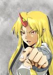  angry blonde_hair coolon cuffs face fang foreshortening hands horn hoshiguma_yuugi long_hair pointing pointy_ears red_eyes serious slit_pupils touhou 