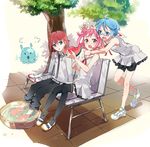  2girls ahoge aoi_(houkago_no_pleiades) bench bike_shorts black_legwear blue_eyes blue_hair eihi food fruit glasses houkago_no_pleiades minato_(houkago_no_pleiades) multiple_girls necktie park_bench pink_hair pleiadean red_eyes red_hair school_uniform shoes shoes_removed short_hair sitting sneakers soaking_feet subaru_(houkago_no_pleiades) thighhighs tree uwabaki washpan water watermelon 