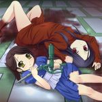  2girls alma_wade bioshock bioshock_2 black_hair blood brown_hair child dress f.e.a.r. little_sister little_sister_(bioshock) multiple_girls red_eyes weapon yellow_eyes 