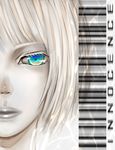  akubi_(fyfy) android aqua_eyes bad_id bad_pixiv_id barcode blue_eyes blurry close-up copyright_name eyelashes face ghost_in_the_shell green_eyes hadaly innocence lips multicolored multicolored_eyes pale_skin short_hair solo white_hair 