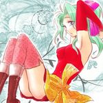  armpits blue_eyes bow elbow_gloves final_fantasy final_fantasy_vi gloves green_hair hair_ornament hair_ribbon kogensetuya long_hair lowres pink_bow pink_legwear ponytail print_legwear ribbon sitting solo thighhighs tina_branford 