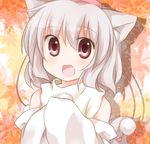  :d animal_ears bad_id bad_pixiv_id daitirumoesu detached_sleeves fang hands_in_opposite_sleeves hat inubashiri_momiji leaf leaf_background maple_leaf open_mouth red_eyes short_hair smile solo tail tokin_hat touhou upper_body white_hair wolf_ears wolf_tail 