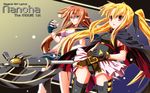  animal_ears arf armband bardiche belt blonde_hair blue_eyes cape dog_ears fate_testarossa fingerless_gloves forehead_jewel gloves hair_ribbon highres long_hair lyrical_nanoha mahou_shoujo_lyrical_nanoha mahou_shoujo_lyrical_nanoha_the_movie_1st multiple_girls red_eyes red_hair ribbon thighhighs twintails wallpaper yuuka_(o.t.kingdom) 