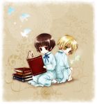  axis_powers_hetalia bad_id bad_pixiv_id blonde_hair book brown_eyes brown_hair child green_eyes hai_yoru japan_(hetalia) multiple_boys united_kingdom_(hetalia) younger 