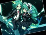  1girl bad_id bad_pixiv_id black_legwear drill_hair dual_persona fish_tail genderswap genderswap_(ftm) green_hair green_skin holding_hands horns kyousaku leviathan_(mygrimoire) long_hair monster_girl mygrimoire pointy_ears red_eyes school socks tail uniform 