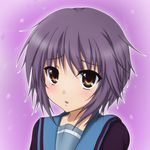  bangs blush brown_eyes fuoru grey_hair kita_high_school_uniform nagato_yuki school_uniform serafuku short_hair solo suzumiya_haruhi_no_shoushitsu suzumiya_haruhi_no_yuuutsu 