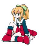  blonde_hair boots green_eyes knee_boots mizukami_satoshi red_skirt rockman rockman_(classic) roll skirt solo 