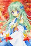  blue_eyes detached_sleeves green_hair kochiya_sanae leaf long_hair oriental_umbrella shie_(ten-gai) solo touhou umbrella 