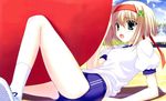  ball blonde_hair buruma copyright_request green_eyes gym_uniform headband lying nanao_naru short_hair solo 