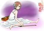  barefoot blush bow_(instrument) brown_eyes brown_hair choker dress flower hair_flower hair_ornament hair_ribbon instrument misaka_mikoto ribbon saitoyu00 short_hair solo to_aru_kagaku_no_railgun to_aru_majutsu_no_index violin 