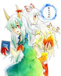  back-to-back bow ex-keine fujiwara_no_mokou hair_bow horn_ribbon horns kamishirasawa_keine lowres multiple_girls red_eyes ribbon silver_hair touhou uram 