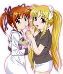  blonde_hair brown_hair casual drink fate_testarossa feeding food hair_ribbon long_hair lyrical_nanoha mahou_shoujo_lyrical_nanoha mahou_shoujo_lyrical_nanoha_the_movie_1st multiple_girls nishitsuki_tsutomu pencil_skirt popcorn purple_eyes red_eyes ribbon school_uniform seishou_elementary_school_uniform skirt takamachi_nanoha twintails 