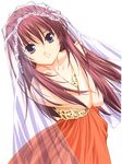  arched_back bangs bare_arms chikage_(sister_princess) collarbone crossed_arms dress grin highres long_hair looking_at_viewer orange_dress purple_eyes purple_hair see-through simple_background sister_princess smile solo strapless strapless_dress tenhiro_naoto veil white_background 