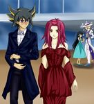  2boys 2girls black_hair blonde_hair blue_eyes blush carly_nagisa dancing dress fudou_yuusei hat izayoi_aki jack_atlas multiple_boys multiple_girls red_eyes red_hair redhead sparkle sparkles tuxedo yu-gi-oh! yugioh_5d&#039;s yugioh_5d's yuu-gi-ou_5d's 