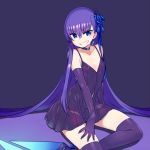  1girl absurdly_long_hair alternate_costume black_dress black_gloves blue_eyes chan_co choker commentary_request dress elbow_gloves eyebrows_visible_through_hair fate/extra fate/extra_ccc fate/grand_order fate_(series) flower gloves grin hair_flower hair_ornament jewelry long_hair meltlilith purple_hair simple_background single_earring sitting smile solo thighhighs v-shaped_eyebrows very_long_hair yokozuwari 