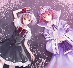  bad_id bad_pixiv_id blue_eyes fukahire_(ruinon) hairband hat japanese_clothes konpaku_youmu lying multiple_girls petals pink_hair red_eyes ribbon saigyouji_yuyuko short_hair silver_hair smile touhou 