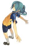  androgynous bad_id bad_pixiv_id blue_hair clothes_writing hair_over_one_eye inazuma_eleven inazuma_eleven_(series) kaimuari kazemaru_ichirouta male_focus otoko_no_ko ponytail raglan_sleeves raimon raimon_soccer_uniform shorts soccer_uniform solo sportswear 