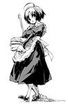  ahoge apron greyscale hajimete_no_aku maid maid_headdress monochrome mop mutsutake otsugata solo 
