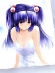 bad_id bad_pixiv_id blue_hair breasts clannad cleavage dress hair_bobbles hair_ornament ichinose_kotomi long_hair medium_breasts purple_eyes solo sundress two_side_up yostxxx 