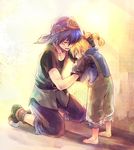  1girl bandana barefoot blonde_hair blue_hair child chrono_cross closed_eyes comforting gloves hand_on_head head_rest head_scarf high_ponytail highres hug kid_(chrono_cross) kieta kneeling multi-tied_hair ponytail purple_hair serge short_hair standing suspenders tears time_paradox younger 