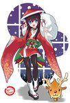  bell bell_collar christmas collar hat japanese_clothes kimono minamura_haruki original pantyhose reindeer sack santa_costume short_kimono snow solo 