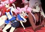  age_comparison bishoujo_senshi_sailor_moon black_lady chibi_usa crystal_earrings double_bun earrings jewelry kurot long_hair luna-p multiple_persona multiple_views navel older pink_hair sailor_collar see-through time_paradox twintails undersized_clothes white_sailor_collar 