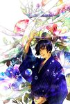  axis_powers_hetalia bad_id bad_pixiv_id black_hair bubble colorful flower hexagon japan_(hetalia) japanese_clothes kikumon kimono male_focus morning_glory saiga_tokihito solo 