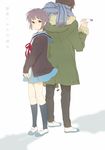  1girl back-to-back bad_id bad_pixiv_id bookmark brown_eyes cardigan coat grey_hair highres kita_high_school_uniform kyon mosuko nagato_yuki school_uniform serafuku short_hair suzumiya_haruhi_no_shoushitsu suzumiya_haruhi_no_yuuutsu 