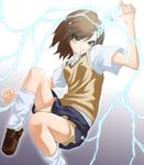  biribiri brown_eyes brown_hair electricity hair_ornament hairclip kanokishi_(manjushage) misaka_mikoto pleated_skirt school_uniform short_hair skirt solo sweater_vest to_aru_kagaku_no_railgun to_aru_majutsu_no_index 