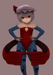  alternate_wings animal_print ascot bad_id bad_pixiv_id bat_print blue_hair cleavage_cutout cosplay detached_sleeves flat_chest hands_on_hips hat kirieppa leotard lilith_aensland lilith_aensland_(cosplay) pantyhose print_legwear red_eyes red_leotard remilia_scarlet short_hair solo touhou vampire_(game) wings 