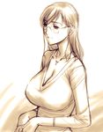  breasts cleavage glasses huge_breasts jewelry long_hair magaki_ryouta mature monochrome necklace original smile solo 