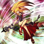  animal_ears blonde_hair china_dress chinese_clothes dress fingerless_gloves fox_ears fox_tail gloves highres long_hair namco_x_capcom nisewado sandals solo staff super_robot_wars super_robot_wars_og_saga_mugen_no_frontier tail vest xiaomu zipper 