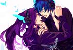  blue_hair bug butterfly butterfly_hair_ornament face-to-face hair_ornament insect kaito kamui_gakupo long_hair magnet_(vocaloid) male_focus multiple_boys ponytail purple_hair suohsuohsuohsuoh vocaloid yaoi 