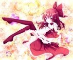  bad_id bad_pixiv_id bow brown_hair cherry_blossoms detached_sleeves expressionless floral_background flower hair_bow hakurei_reimu highres japanese_clothes large_bow leg_up long_hair multicolored multicolored_eyes profile purple_eyes red_eyes red_hair red_legwear ribbon riichu sarashi sitting solo thighhighs toe-point touhou 