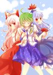  arm_holding bad_id bad_pixiv_id blue_hair closed_eyes detached_sleeves fujiwara_no_mokou green_hair highres kamishirasawa_keine kochiya_sanae long_hair multiple_girls red_eyes silver_hair smile touhou zawameki 