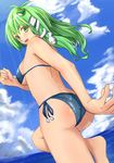  ass bad_id bad_pixiv_id barefoot bikini breasts cloud day dutch_angle face from_below frown green_eyes green_hair hair_ornament kochiya_sanae long_hair looking_back medium_breasts miu_(angelo_whitechoc) ocean side-tie_bikini snake solo swimsuit touhou 