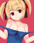  bare_shoulders blonde_hair idolmaster idolmaster_dearly_stars kagami_yuu one-piece_swimsuit pulled_by_self red_eyes school_swimsuit short_twintails solo strap_pull suzuki_ayane swimsuit swimsuit_pull twintails 