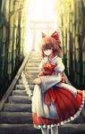  adapted_costume bad_id bad_pixiv_id bamboo bamboo_forest brown_hair bryanth detached_sleeves forest gohei hakurei_reimu highres looking_at_viewer nature red_eyes solo stairs standing sunlight torii touhou 