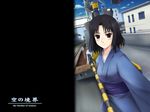  black_hair blush highres japanese_clothes kara_no_kyoukai kimono railroad_crossing railroad_tracks ryougi_shiki short_hair smile solo tai_(2vs) 