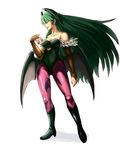  animal_print bad_id bad_pixiv_id bare_shoulders bat_print bat_wings boots breasts chuppa_(katotsuba) cleavage demon_girl elbow_gloves feathers fingerless_gloves full_body gloves green_eyes green_hair head_wings large_breasts leotard long_hair morrigan_aensland pantyhose print_legwear simple_background solo standing succubus vampire_(game) wings 