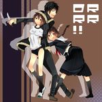  black_hair braid brown_hair coat durarara!! glasses gym_uniform knife legs lotton multiple_girls orihara_izaya orihara_kururi orihara_mairu pleated_skirt red_eyes school_uniform short_hair skirt twin_braids 