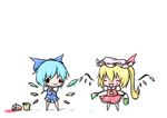  :3 :d ^_^ blonde_hair blue_hair blush_stickers bow cait-sith chibi cirno closed_eyes flandre_scarlet hair_bow hair_ribbon happy hat lowres multiple_girls open_mouth paint paint_can paint_splatter paintbrush ponytail ribbon short_hair simple_background skirt smile touhou trim_brush v-shaped_eyebrows 