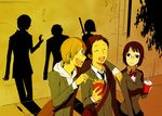  2boys bad_id bad_pixiv_id bag black_hair blonde_hair bob_cut breasts brown_eyes closed_eyes cup durarara!! food french_fries gif365 glasses kida_masaomi large_breasts multiple_boys red_eyes ryuugamine_mikado school_uniform shadow short_hair sonohara_anri sword weapon 