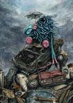  junk junkyard md5_mismatch no_humans pokemon pokemon_(creature) rain realistic saboterian solo tangrowth umbrella wreckage 