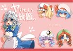  blonde_hair blue_dress blush dress flandre_scarlet frills hat hong_meiling izayoi_sakuya long_sleeves looking_at_viewer maid maid_headdress mob_cap multiple_girls patchouli_knowledge pink_background remilia_scarlet silver_hair simple_background sweatdrop tajima_yuuki touhou translation_request 