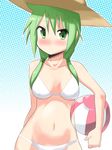  alternate_eye_color alternate_hair_color ball beachball bikini green_eyes green_hair hat ichii_yui long_hair low_twintails solo swimsuit toku_sonchou twintails white_bikini yuyushiki 