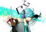  alternate_hair_length alternate_hairstyle androgynous aqua_eyes aqua_hair aqua_nails bad_id bad_pixiv_id cutting_hair detached_sleeves grin hatsune_miku headphones holding holding_hair nail_polish number open_clothes open_shirt reverse_trap scissors severed_hair shirt short_hair skirt smile solo suko_mugi thighhighs vocaloid 