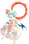  adapted_costume bare_shoulders barefoot bloomers blue_hair dress no_hat no_headwear remilia_scarlet short_hair solo touhou underwear uram wings 